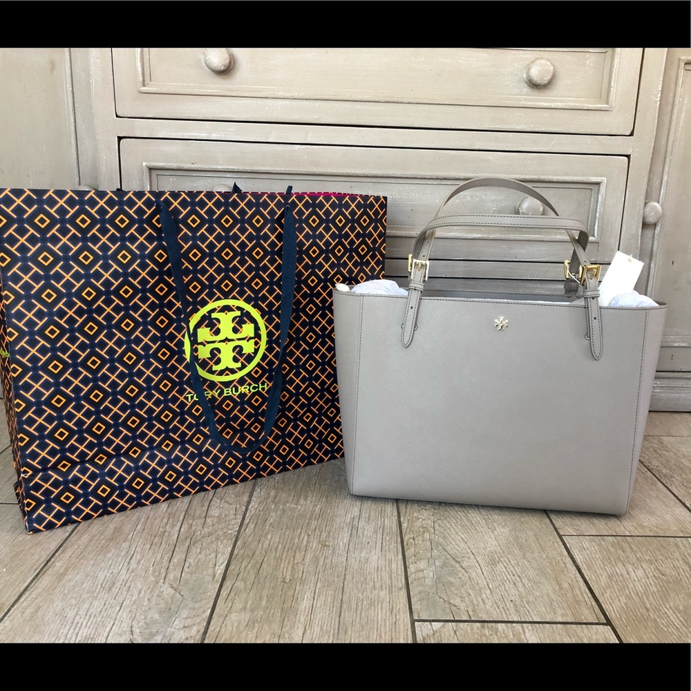 Authentic Tory Burch Emerson Buckle Tote - Grey